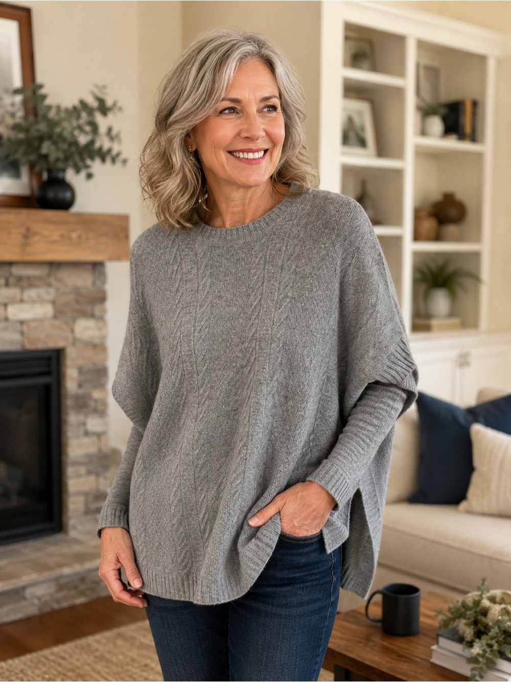 Cynthia Rowley Heather Gray Cable-Knit Poncho Sweater cashmere
